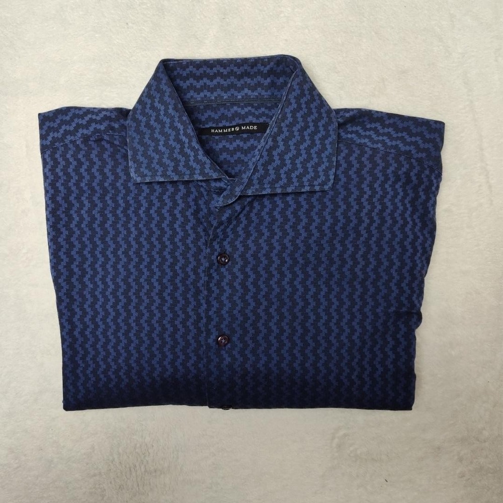 Hammer Made Shirt Mens 16.5‎ Blue Houndstooth Spread Collar Dress Long Sleeve